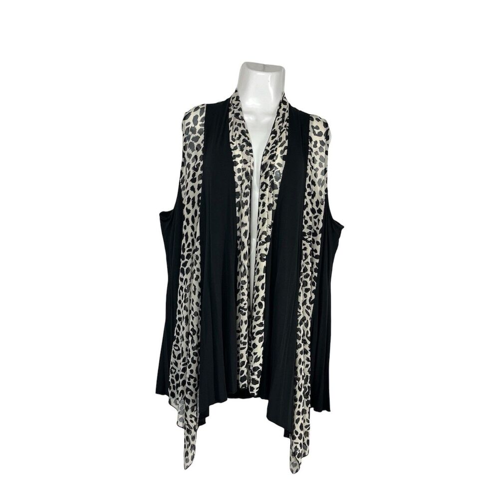 Always Indigo Sleeveless Cardigan Plus 2X Black Cream Leopard Open Mesh Duster